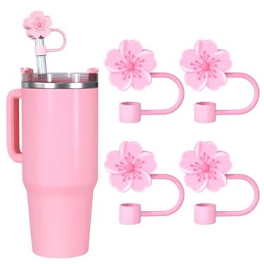 Imagem de Tampa de palha para copo stanley, tampas de cobertura de palha, topos de palha de silicone compatíveis com copo Stanley de 30 e 4 onças, tampas de ponta de canudo reutilizáveis de 10 mm 1 cm 4 peças Begônia