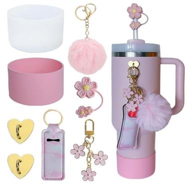 Imagem de Acessórios para Stanley Cup 1,134 g, 2 botas de silicone para copo Stanley, 1 cobertura de palha de flor, 2 ganchos de pingentes, 1 bolsa de suporte de batom, 1 bola de pompom, 1 chaveiro fofo (rosa)