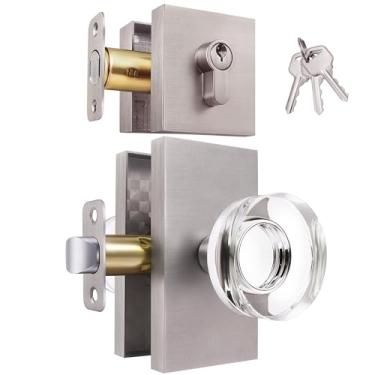 Imagem de BonKuDoo Maçanetas de porta de vidro de níquel escovado com fecho, fechadura de cilindro único e conjunto de maçanetas de porta de cristal