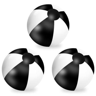 Imagem de Whaline 3 bolas de praia infláveis de 40,6 cm, bolas redondas de PVC, brinquedos fofos para o verão, tema tropical havaiano, decorações de festa na praia, acessório de jogo de areia (preto e branco)