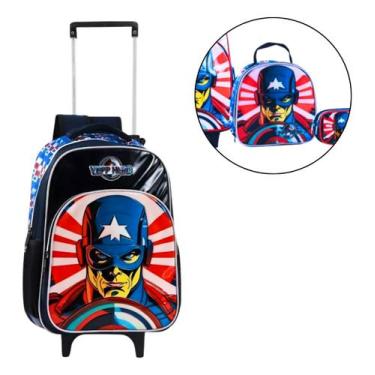 Imagem de Kit Mochila Escolar Capitão Herói Rodinhas Estojo Lancheira, Preto