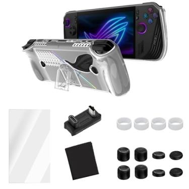 Imagem de TGDPLUE Conjunto de capas 15 em 1 Rog Ally X com 1 vidro temperado, 1 capa Rog Alloy X, 8 tampas de polegar, 1 adaptador USB C de ângulo de 180 graus, 4 protetores de anel de joystick para Asus Rog