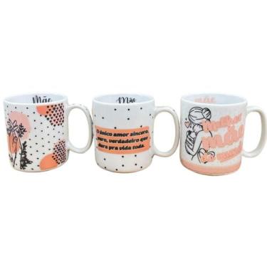 Imagem de Jogo 3 canecas 300ml Frases Mãe Kit Porcelana Decoração Poá - Antilope