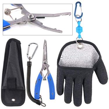 Imagem de Swpeet Conjunto de 2 peças de equipamento de pesca, pescador profissional, mão direita, luva de pesca tamanho G com ganchos magnéticos e alicate de pesca, cortadores de anel dividido, alicate
