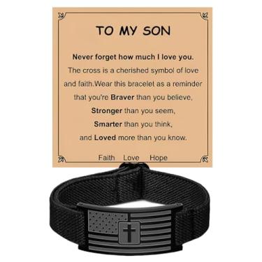 Imagem de LUSENME Presentes de cesta de Páscoa para homens, pulseira de cruz com bandeira americana para filho, marido, neto, Large, Aço inoxidável Nylon, Sem Pedra Preciosa