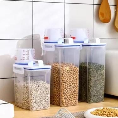 Imagem de Kit Dispenser Hermético Pote Multiuso com Copo Medidor Cozinha Lavanderia Alimentos Sabão Grãos Ração (Kit 2 (2 de 1,5L + 2 de 2,5L))
