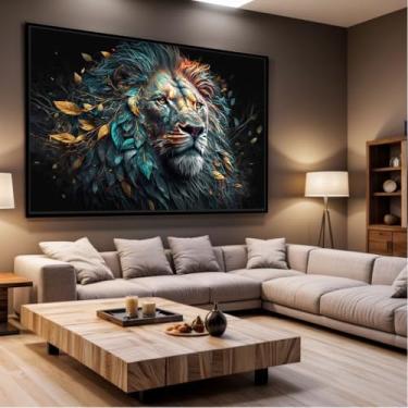 Imagem de Quadro Decorativo com Moldura Sala 90x60 Leão Abstrato com Folhas Luxo Grande Horizontal