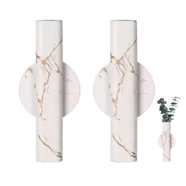 Imagem de Tubo de flor adesivo de parede de 16,3 cm, suporte floral de metal, vaso pegajoso, minimalista montado na parede para exibição de flores (branco com ouro, grande)