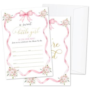 Imagem de ZSHFMY Convites de chá de bebê com laço rosa, convites de festa de revelação de gênero para meninas, 25 conjuntos de cartões de convite de chá de bebê com envelopes, decorações de artigos de festa de