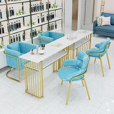 Imagem de AKALNNB Mesa de manicure de beleza prateleira de armazenamento de camada dupla mesa de estudo de mármore fácil de montar mesa de unhas para salão de spa - perfeita para o seu salão de beleza, ouro 120