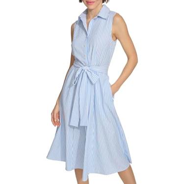 Imagem de Tommy Hilfiger Vestido feminino de tecido listrado com gola redonda, Azul/Marfim, 48