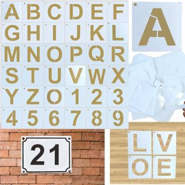 Imagem de RONDURE Estênceis de letras de 7,6 cm para pintura – estênceis reutilizáveis de alfabeto e números para artesanato DIY, números de caixa de correio e placas de 0-9 A-Z 36 peças