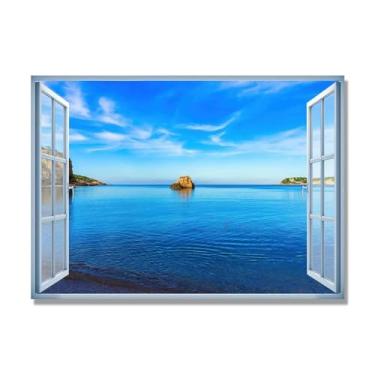 Imagem de NHLDZYH Janela de arte de parede com impressão em tela. Vista de janela falsa. Impressão de imagem natural em tela. Arte de parede para sala de estar (Blue Sea Cay) 40 x 56 cm-15,7 x 20,1 pol sem