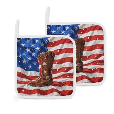 Imagem de Porta-panelas quadradas bandeira americana com botas de cowboy estampadas almofadas quentes almofadas de mesa para cozinha e mesa de jantar, suporte de panela com isolamento térmico, 2 peças