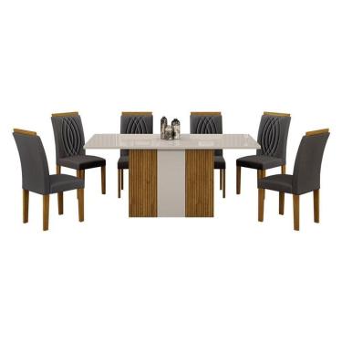 Imagem de Mesa De Jantar Doha 160x80 Reto Freijó Decor Off White Com 6 Cadeiras Freijó Joli Chumbo – Leifer Móveis