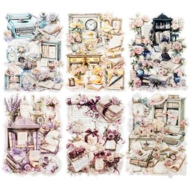 Imagem de Miyouluna 90 peças de adesivos vintage de PET, flores, máquinas de escrever, livros, renda e letras em estilo estético retrô, adesivos transparentes à prova d'água para scrapbook, diário, artesanato e