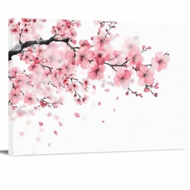 Imagem de Arte de parede com impressão em tela de flor rosa - ramos de flor de cerejeira floral rosa e branco - decoração de parede pinturas de arte modernas imagens para sala de estar esticadas e emolduradas