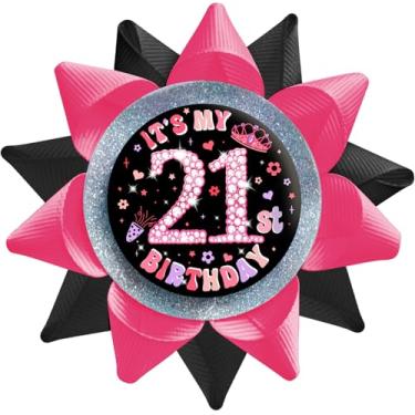 Imagem de SKJIAYEE Pinos de botões It's My 21st Birthday para meninas feitos à mão (9,7 x 9,7 cm), fita de gorgorão preto rosa crachá de folha de flandres para mulheres 21º aniversário decorações suprimentos
