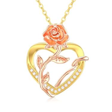Imagem de UXQ Colares femininos de ouro maciço 14K com flor de rosa/girassol com pingente de coração, joia de amor, luz do sol, presente de aniversário de aniversário para mulheres, esposa, namorada, mãe