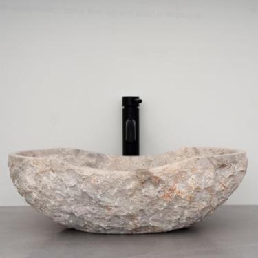 Imagem de MIDUSO Pia de vaso de pedra de canoa cinzelada, pia de pedra real, cor cinza claro