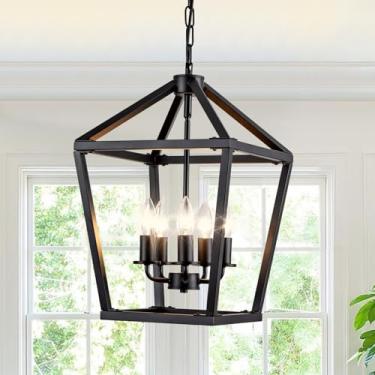 Imagem de 5 luzes pendentes pretas claras ilha de cozinha, luminária pendente de casa de fazenda de 33 cm, lanterna de ferro de altura ajustável, luminárias pendentes pretas, lustre de casa de fazenda de gaiola