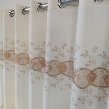 Imagem de Cortina Branca / Ouro / Marrom Voil Gaze De Linho Bordado Guipir Com F