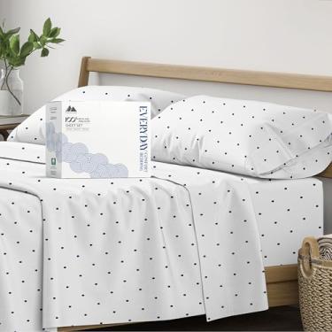 Imagem de Mayfair Linen Lençóis estampados 100% algodão orgânico tamanho casal - conjunto completo de 4 peças de lençóis de percal de algodão orgânico (bolinhas - azul marinho), lençóis refrescantes