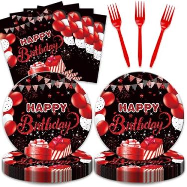 Imagem de Conjunto de 48 peças de decoração de aniversário vermelho e preto, suprimentos de festa de aniversário, pratos, guardanapos e garfos para homens e mulheres, serve 16
