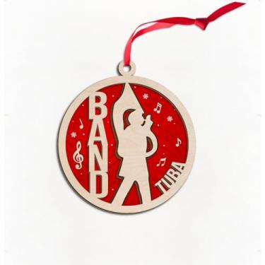 Imagem de Enfeites de tuba 3D de madeira para decoração de árvore de Natal, enfeite de suspensão de natal de banda marcial, lembrança de banda de marcha de tuba para instrumentos musicais, lembranças para