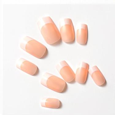 Imagem de ClawArts Unhas de gel bege quadradas médias – 12 tamanhos, 24 peças, cola adesiva em gel com design de unhas francesas – perfeita para mulheres e meninas – roupa casual e de escritório – unhas de