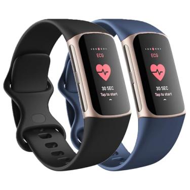 Imagem de Pulseiras de substituição compatíveis com Fitbit Charge 6/Fitbit Charge 5 para mulheres e homens, pulseiras esportivas de silicone para mulheres e homens, pequenas, pretas + azul escuro (pacote com 2)