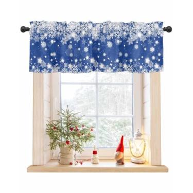 Imagem de Saia de Natal para Janelas Cortina de Neve Azul Floco de Neve Sanefa de Neve Brilhante Prata Brilhante Cortinas Curtas para Cozinha, Sala de Estar, Quarto, Decoração de Natal 137 x 45 cm