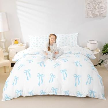 Imagem de Erosebridal Jogo de cama fofo com laço azul, princesa, king e nó de borboleta, para crianças, meninos, meninas, simples, azul e branco