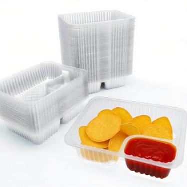 Imagem de FIDBAY 200 bandejas de plástico nacho de 340 g 15 x 12 cm, bandeja de lanche descartável com 2 compartimentos com suporte para molho de queijo e batatas fritas, recipiente transparente para servir