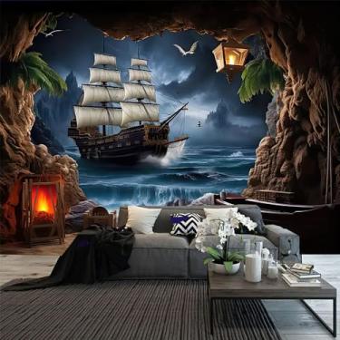 Imagem de FENDROM Tapeçaria náutica vintage decoração fantasma veleiro arte de parede fantasia cenário do oceano navio pirata náutico onda vela lua tapeçaria decoração quarto sala de estar dormitório