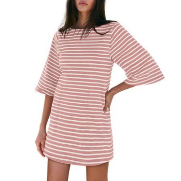 Imagem de Vestido Yousify rosa e branco listrado de manga curta de algodão 2025