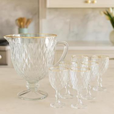 Imagem de Conjunto Diamond Luxo 7 Peças – Jarra 1L e 6 Taças 340ml em Vidro com Filete Dourado | Elegância, Brilho e Design Premium para Servir com Estilo (BRANCO)