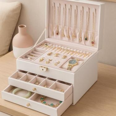 Imagem de Porta Joia Caixa Com 3 Camadas Armazenamento Brinco Colar Anéis Jóias Branco Verde Preto (Branco)