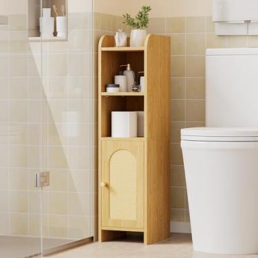 Imagem de Homhedy Armário de banheiro pequeno de vime com porta, armário de armazenamento estreito de papel higiênico, armário de canto fino com prateleiras ajustáveis, para banheiro, espaços pequenos, 25 cm P