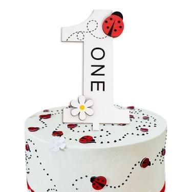 Imagem de Eurteka Ladybug 1st Birthday Cake Topper - Wooden One Cake Topper, White with Red Ladybug and Daisy Design, First Birthday Party Decoration (ladybug 1st topper)