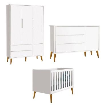 Imagem de Jogo De Quarto Para Bebê Completo 3 Portas Théo New Branco Fosco Com Madeira - Reller