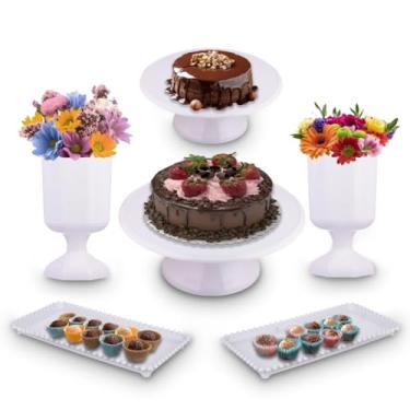 Imagem de Kit Festa Peças - Conjunto de Vaso, Boleira e Bandeja para Decoração de Festa e Mesa de Doces para Aniversário, Casamento e Chá de Bebê(BRANCO 2)