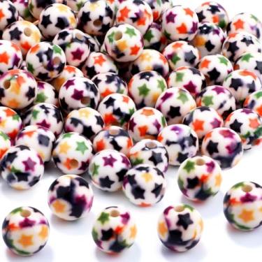 Imagem de 100 peças de contas de resina de 10 mm a granel para kit de fabricação de pulseiras, contas coloridas de cinco pontas estampadas brancas redondas soltas para joias, brincos, colar, anéis, arte