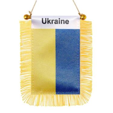 Imagem de JBSJBS Bandeira pendurada da Ucrânia mini bandeiras de janela de carro ucranianas pequenas bandeiras de espelho retrovisor decoração bandeiras da Ucrânia com ventosa com franjas douradas dupla face