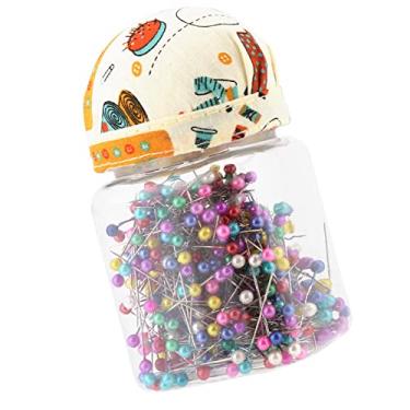 Imagem de Acouto Alfinetes de Acolchoamento de Agulhas de Contas de Vidro de 500 Unidades Em Garrafa Decorativa Coberta de Laranja Com Almofada de Alfinetes Embutida - Costura Perfeita, Artesanato de