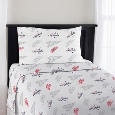 Imagem de Northwest Jogo de cama solteiro oficialmente licenciado Washington Capitals NHL – Roupa de cama confortável com logotipos de times repetidos para fãs de hóquei, dormitórios e quartos espirituais de
