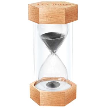 Imagem de Temporizador de areia ampulheta de 10 minutos, relógio de areia azul hexagonal de grão de madeira natural, relógio de areia, 10 minutos para decoração de mesa rústica, escritório, jogos, sala de aula