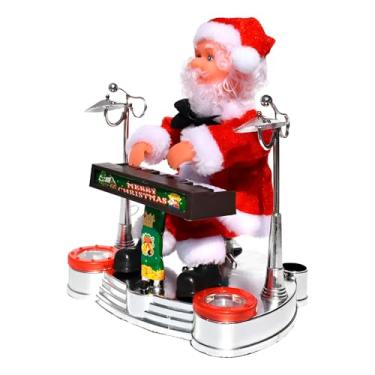 Imagem de Papai Noel Tecladista Musical e Luminoso, Decoração Natalina Animada, 20cm x 17cm, Alimentado por Pilhas AA, com Movimentos e Melodias de Natal
