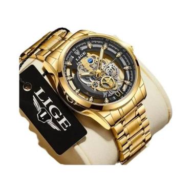 Imagem de Relógio De Pulso Quartz Esqueleto Dourado Para Homens LIGE Luxuoso Ret
