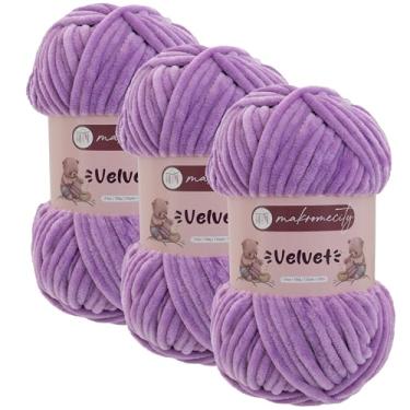 Imagem de Makromecity 3 novelos de fio de veludo 100 g (3,5 oz) / 120 m (132 jardas) fio de chenille premium 100% poliéster, ultra macio, antibolinhas, lavável na máquina, 30 cores para tricô e crochê (lavanda